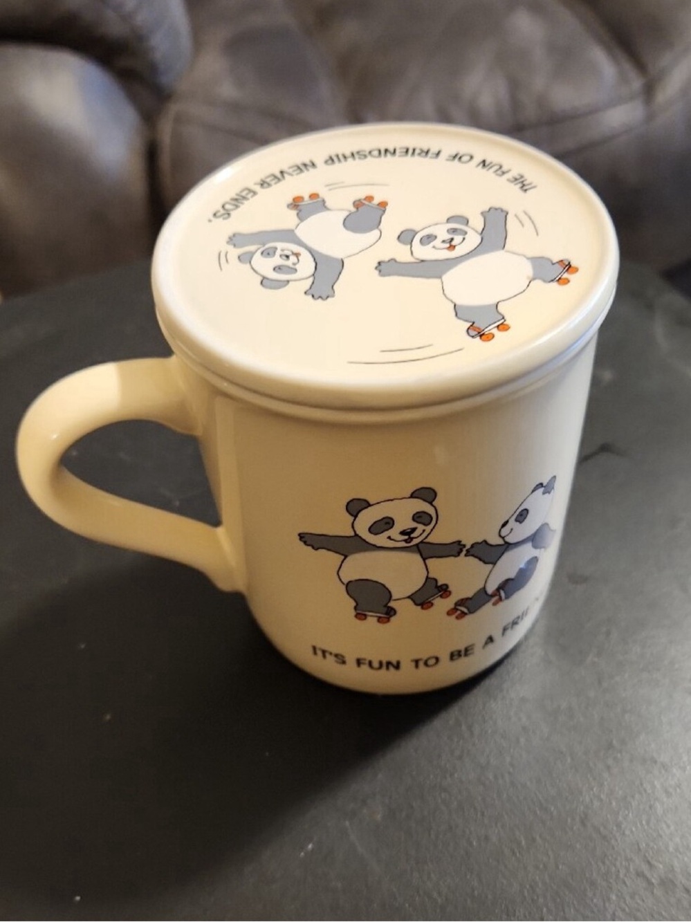 Panda Friends Ceramic Mug with Lid - Cream and Blue